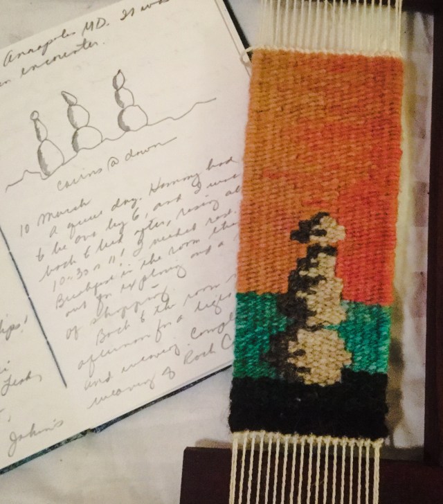 Cairns at Dawn, Reykjavik, tapestry, 2x7inches, wool